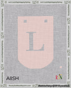 A taped needlepoint canvas with the design: Banner 18 mesh count Curved L White on Pink.