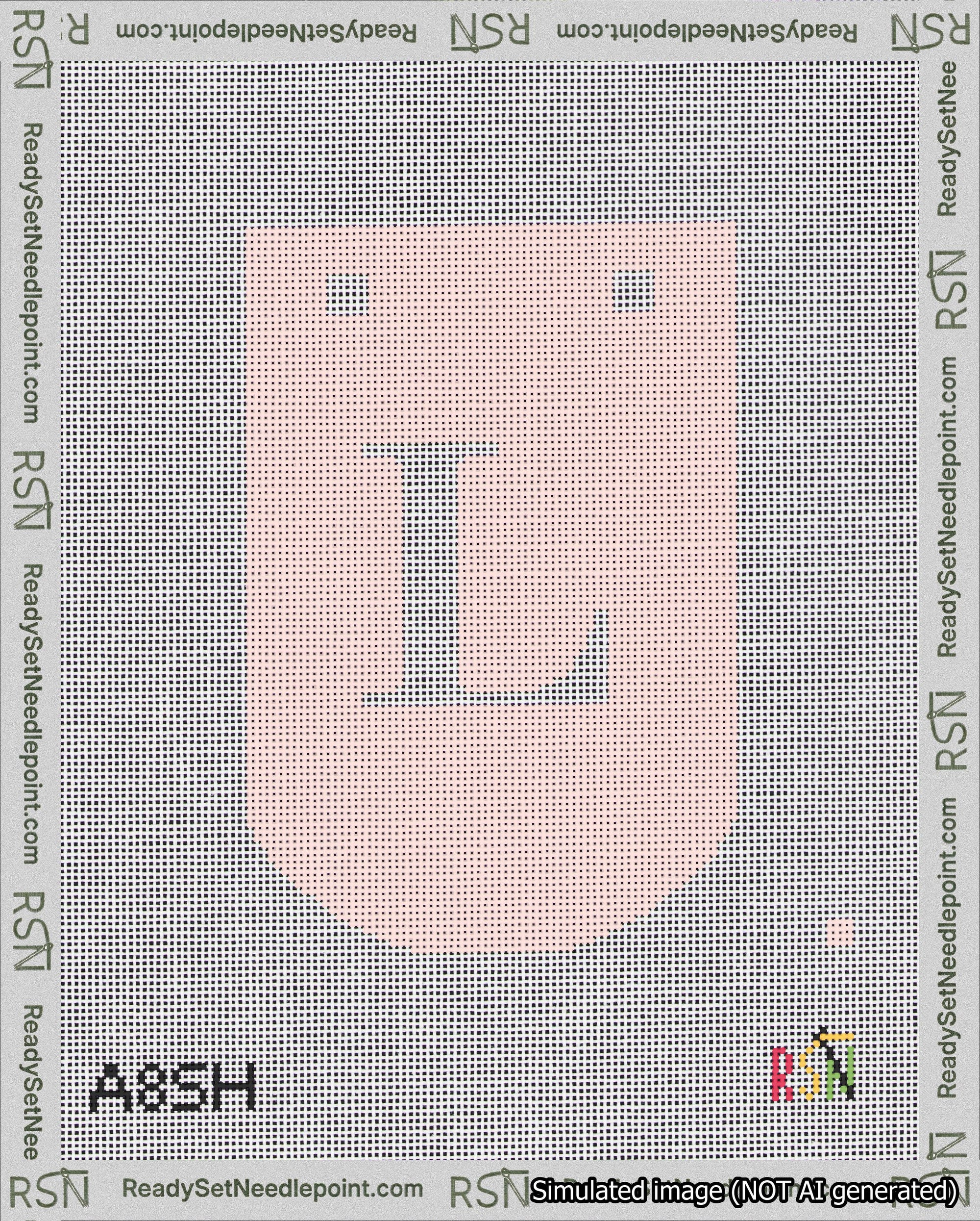 A taped needlepoint canvas with the design: Banner 18 mesh count Curved L White on Pink.