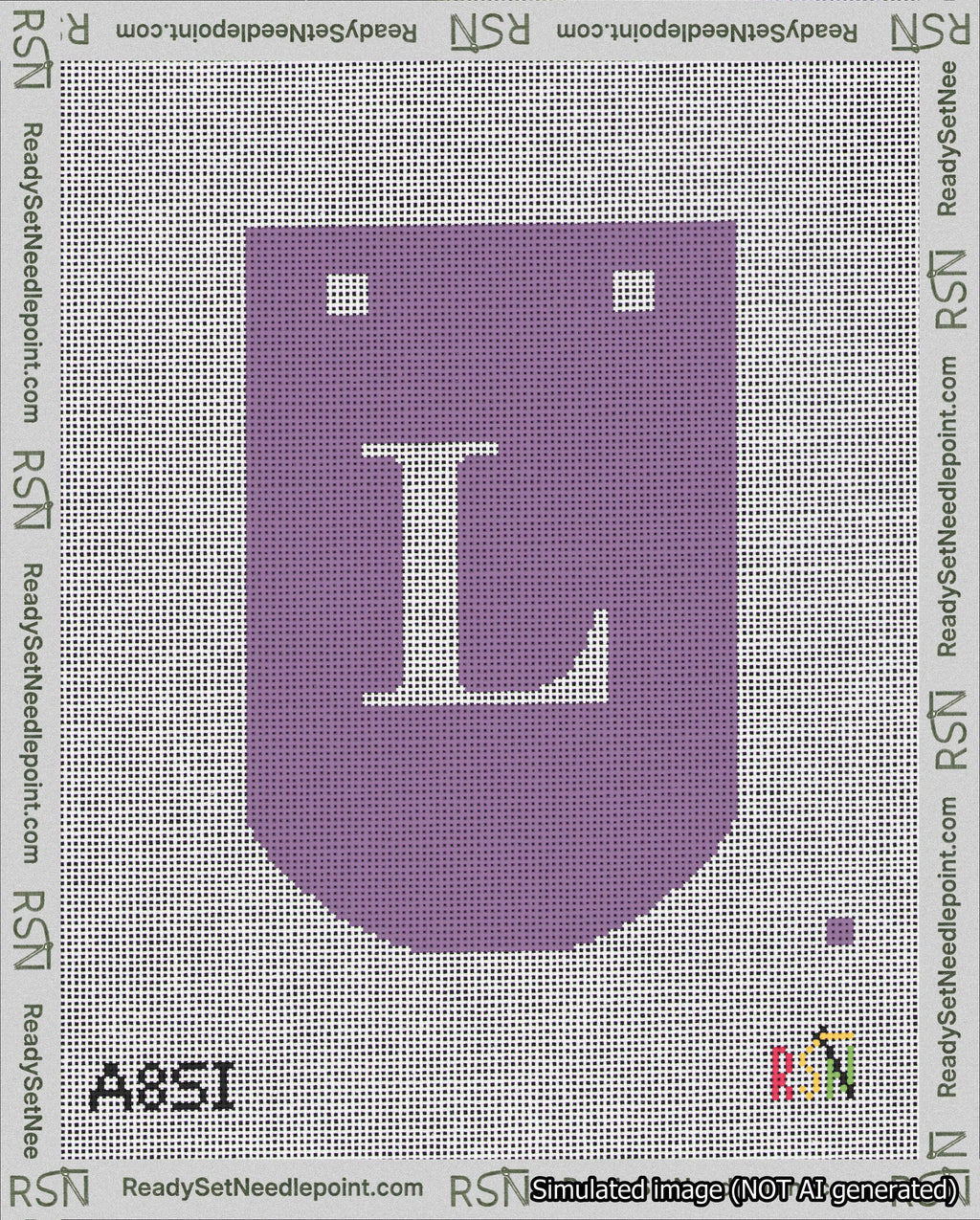 A taped needlepoint canvas with the design: Banner 18 mesh count Curved L White on Purple.