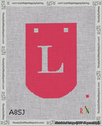 A taped needlepoint canvas with the design: Banner 18 mesh count Curved L White on Red.