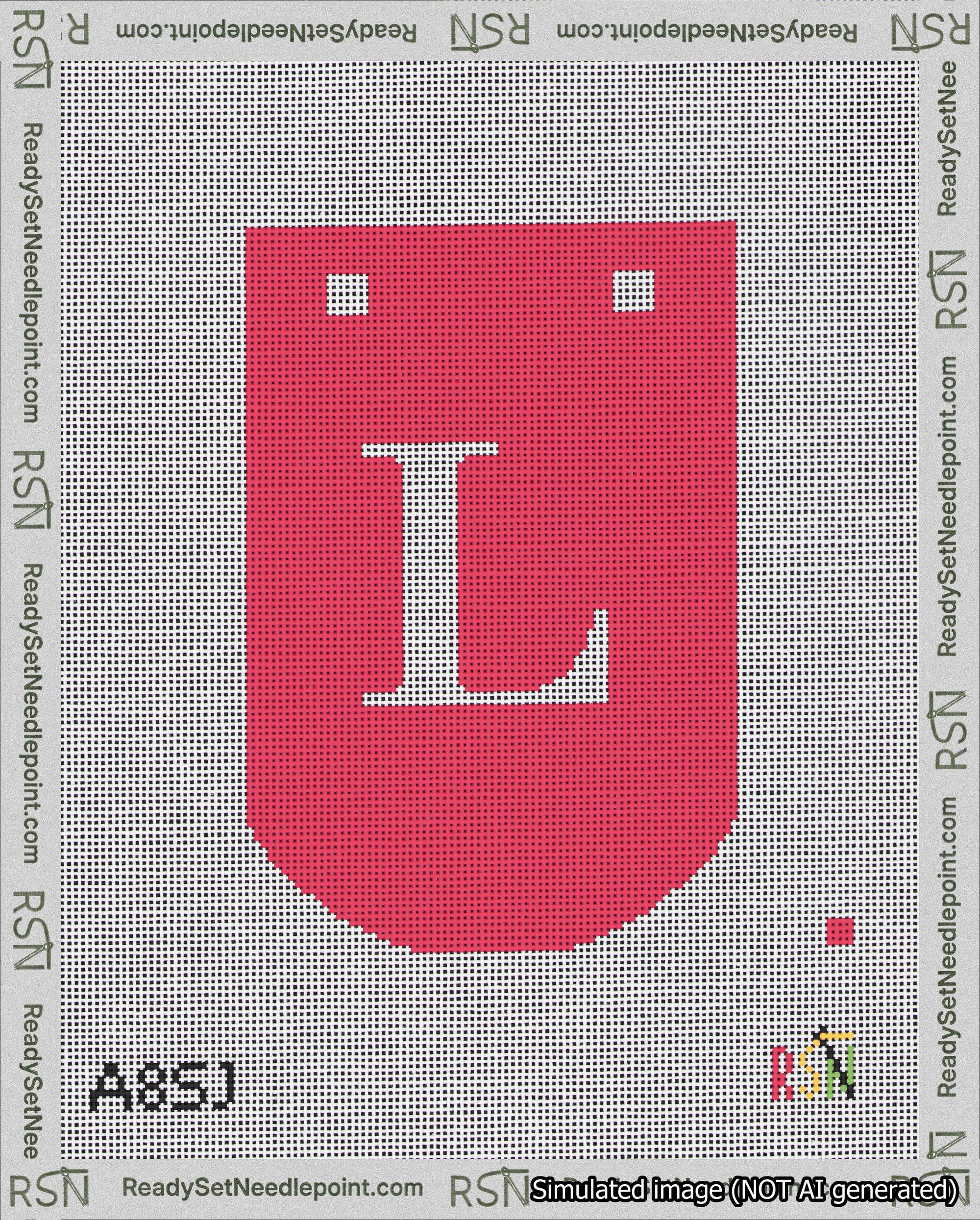 A taped needlepoint canvas with the design: Banner 18 mesh count Curved L White on Red.