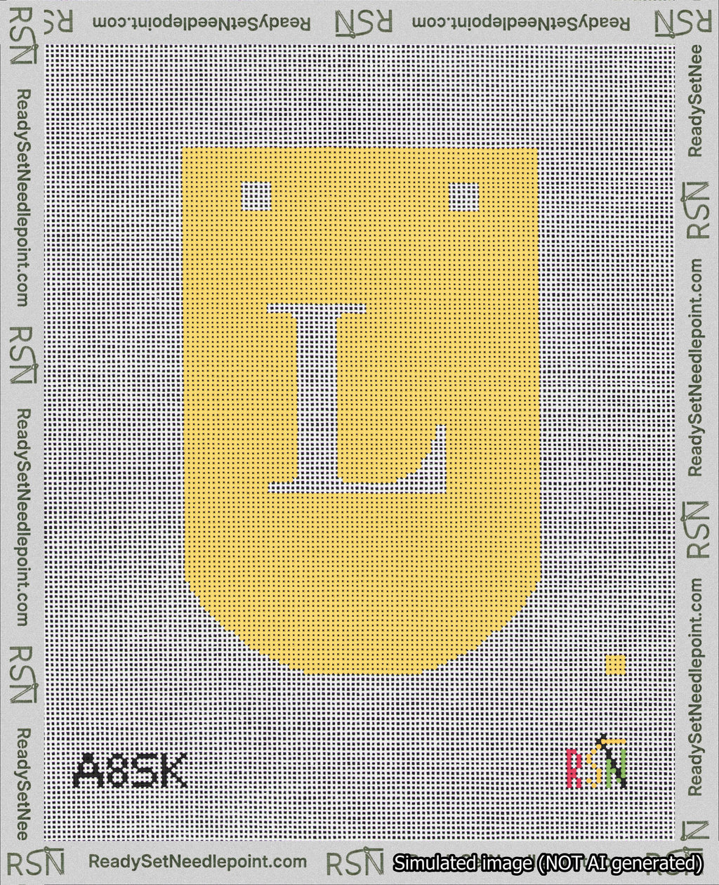 A taped needlepoint canvas with the design: Banner 18 mesh count Curved L White on Yellow.