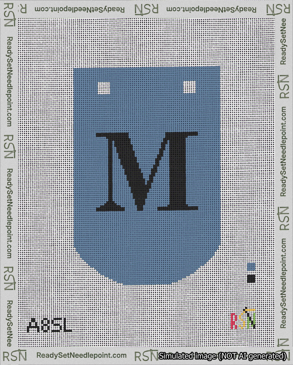 A taped needlepoint canvas with the design: Banner 18 mesh count Curved M Black on Blue.
