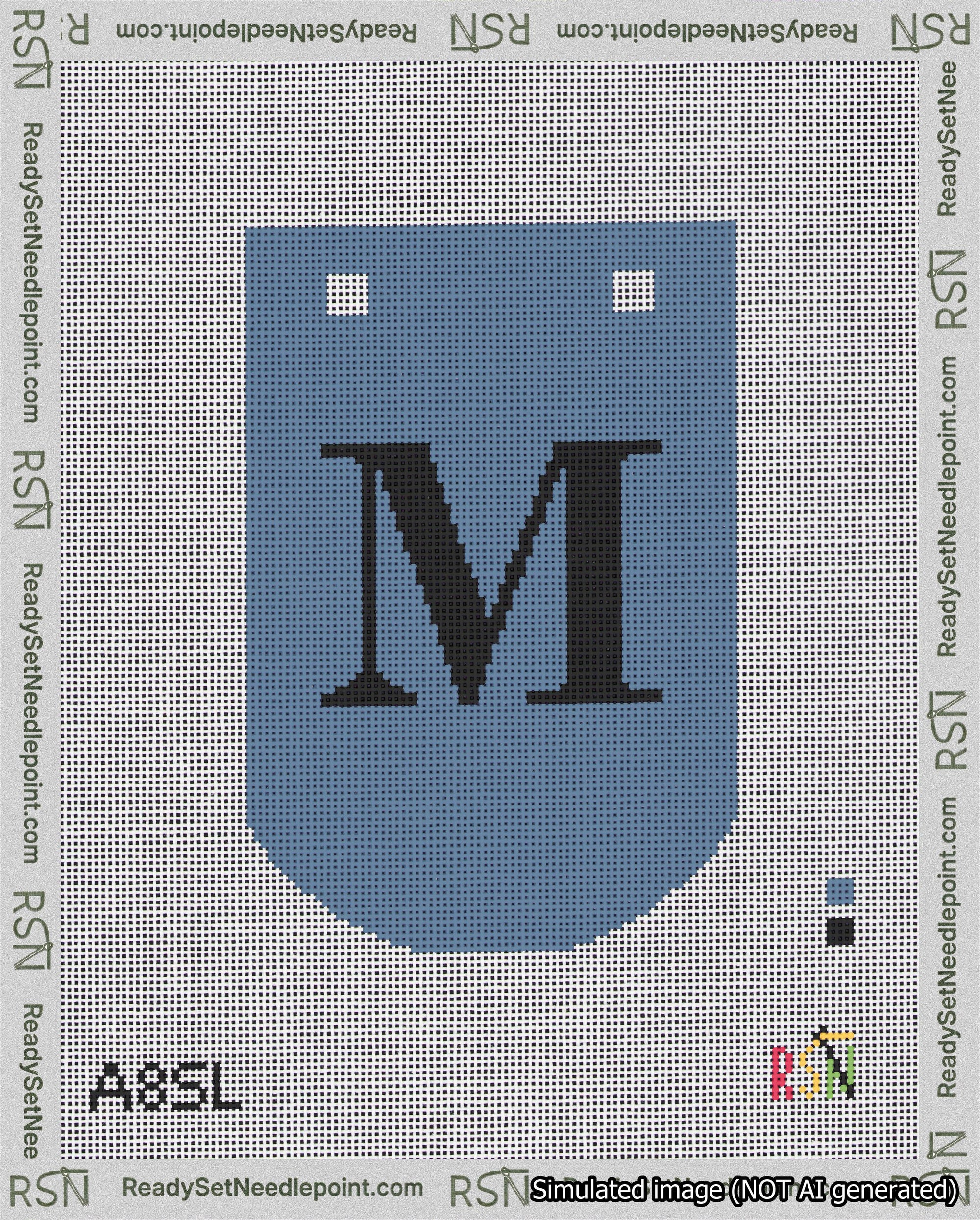 A taped needlepoint canvas with the design: Banner 18 mesh count Curved M Black on Blue.
