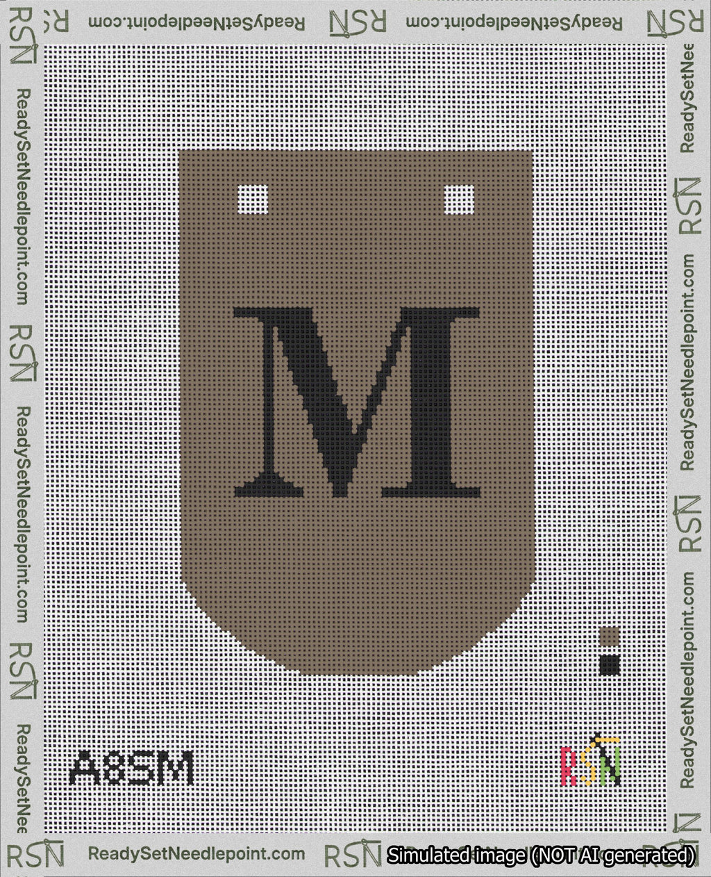 A taped needlepoint canvas with the design: Banner 18 mesh count Curved M Black on Brown.