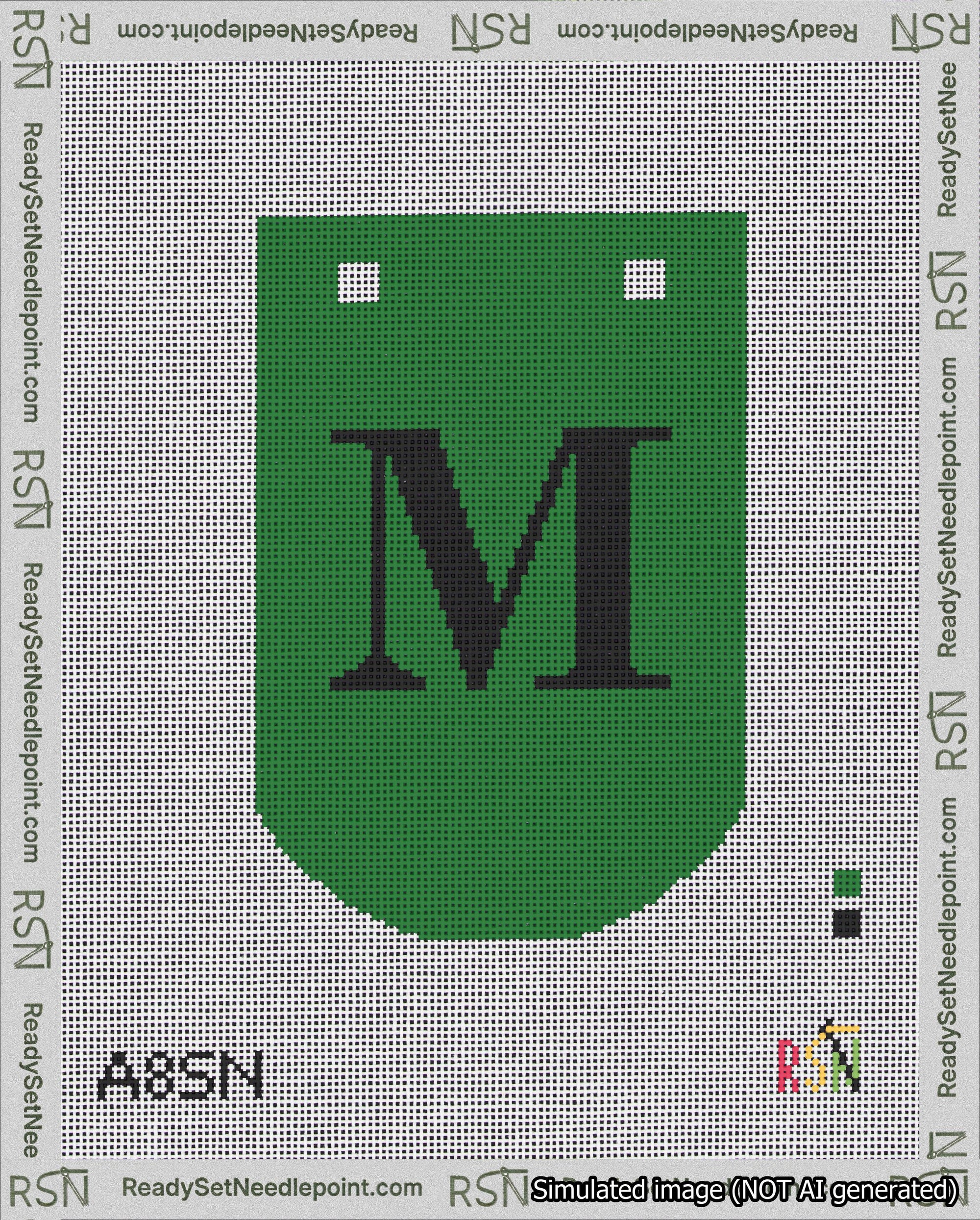 A taped needlepoint canvas with the design: Banner 18 mesh count Curved M Black on Green.