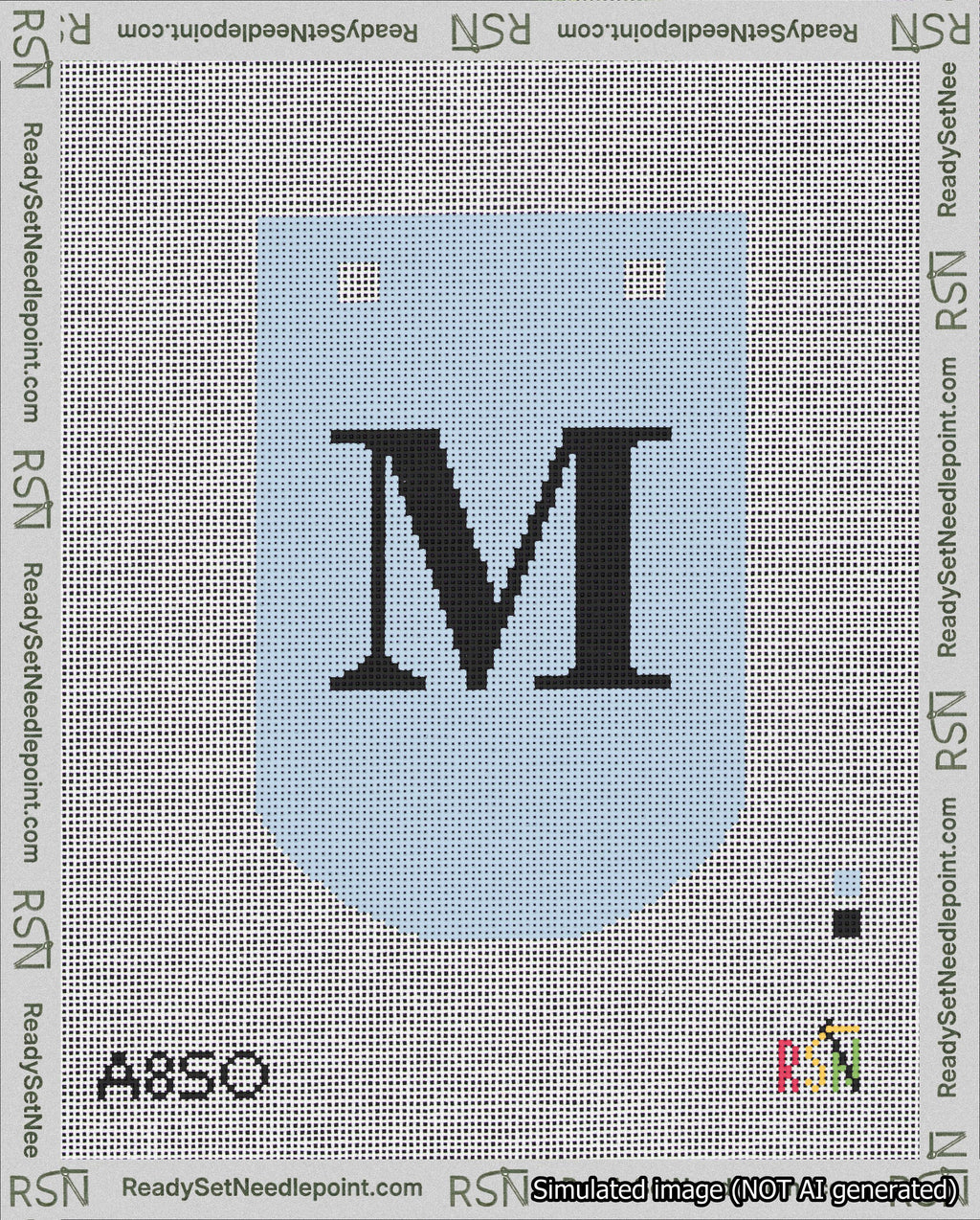 A taped needlepoint canvas with the design: Banner 18 mesh count Curved M Black on Light Blue.
