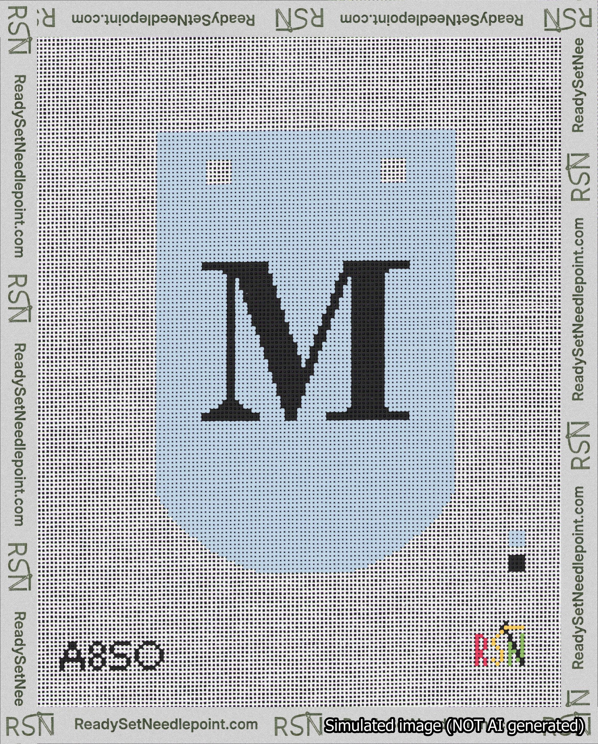 A taped needlepoint canvas with the design: Banner 18 mesh count Curved M Black on Light Blue.