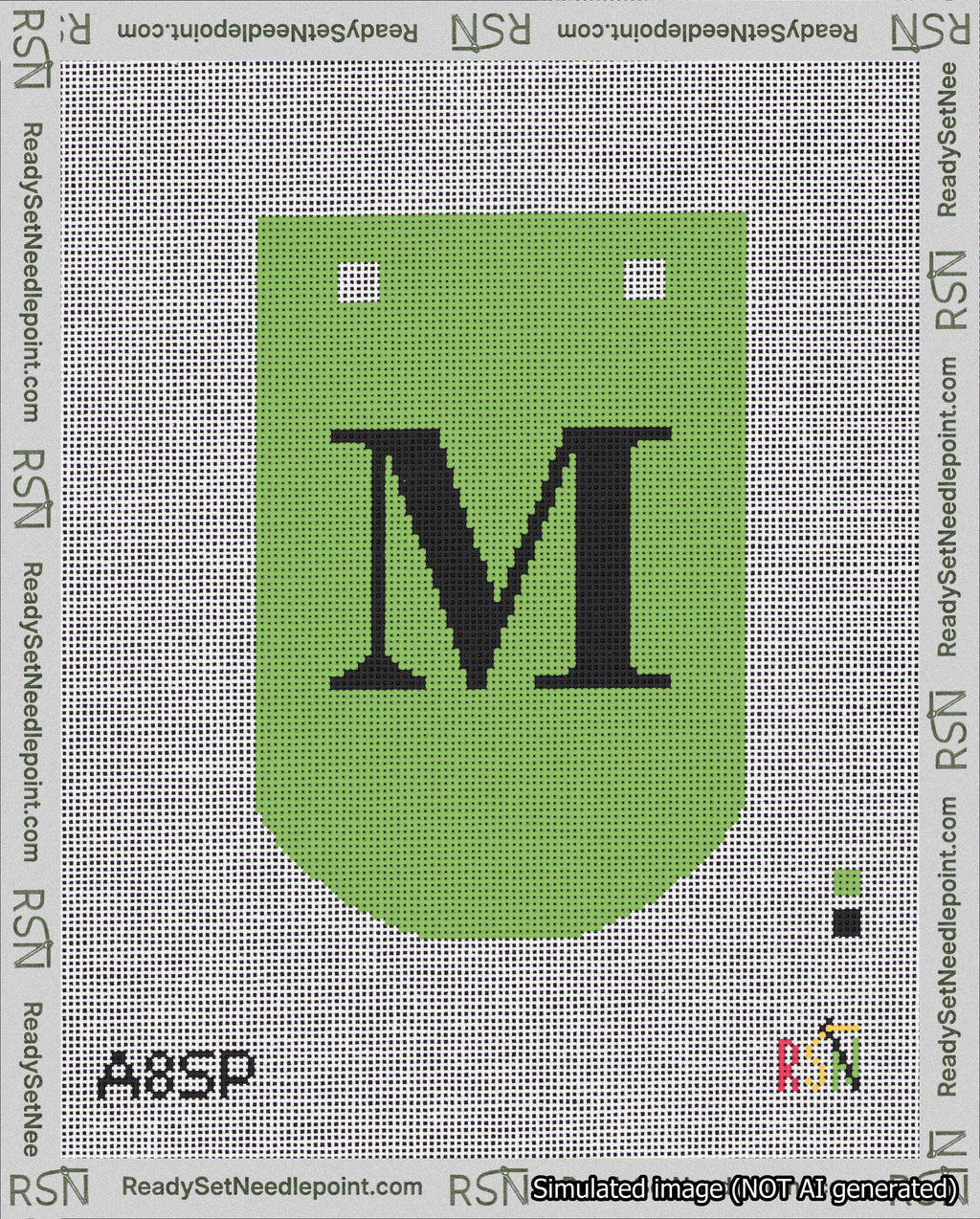 A taped needlepoint canvas with the design: Banner 18 mesh count Curved M Black on Light Green.
