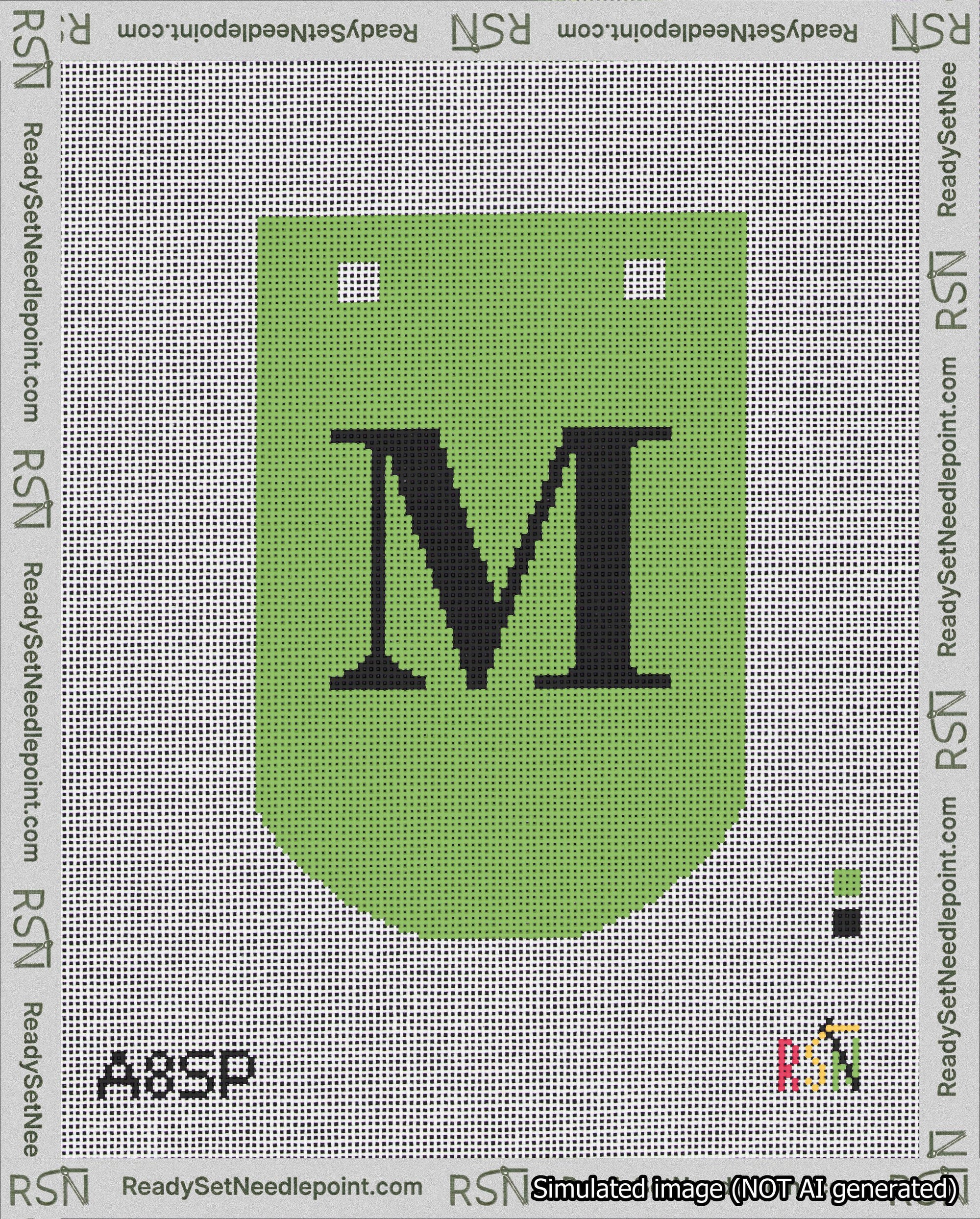 A taped needlepoint canvas with the design: Banner 18 mesh count Curved M Black on Light Green.