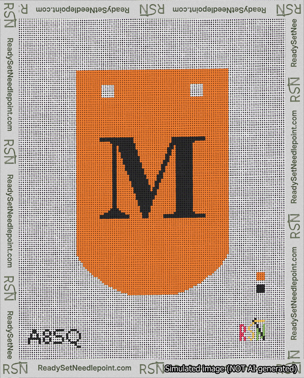 A taped needlepoint canvas with the design: Banner 18 mesh count Curved M Black on Orange.