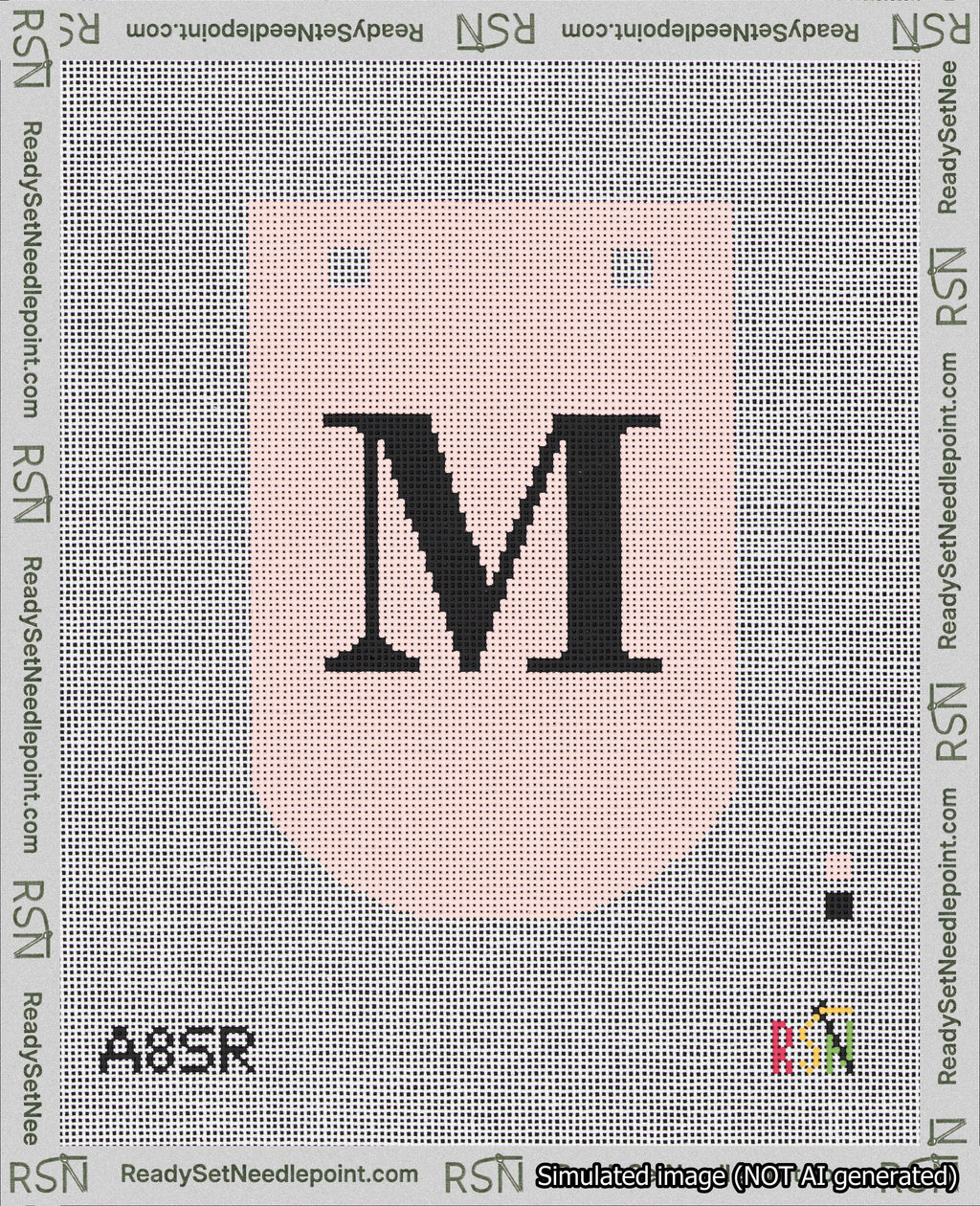 A taped needlepoint canvas with the design: Banner 18 mesh count Curved M Black on Pink.
