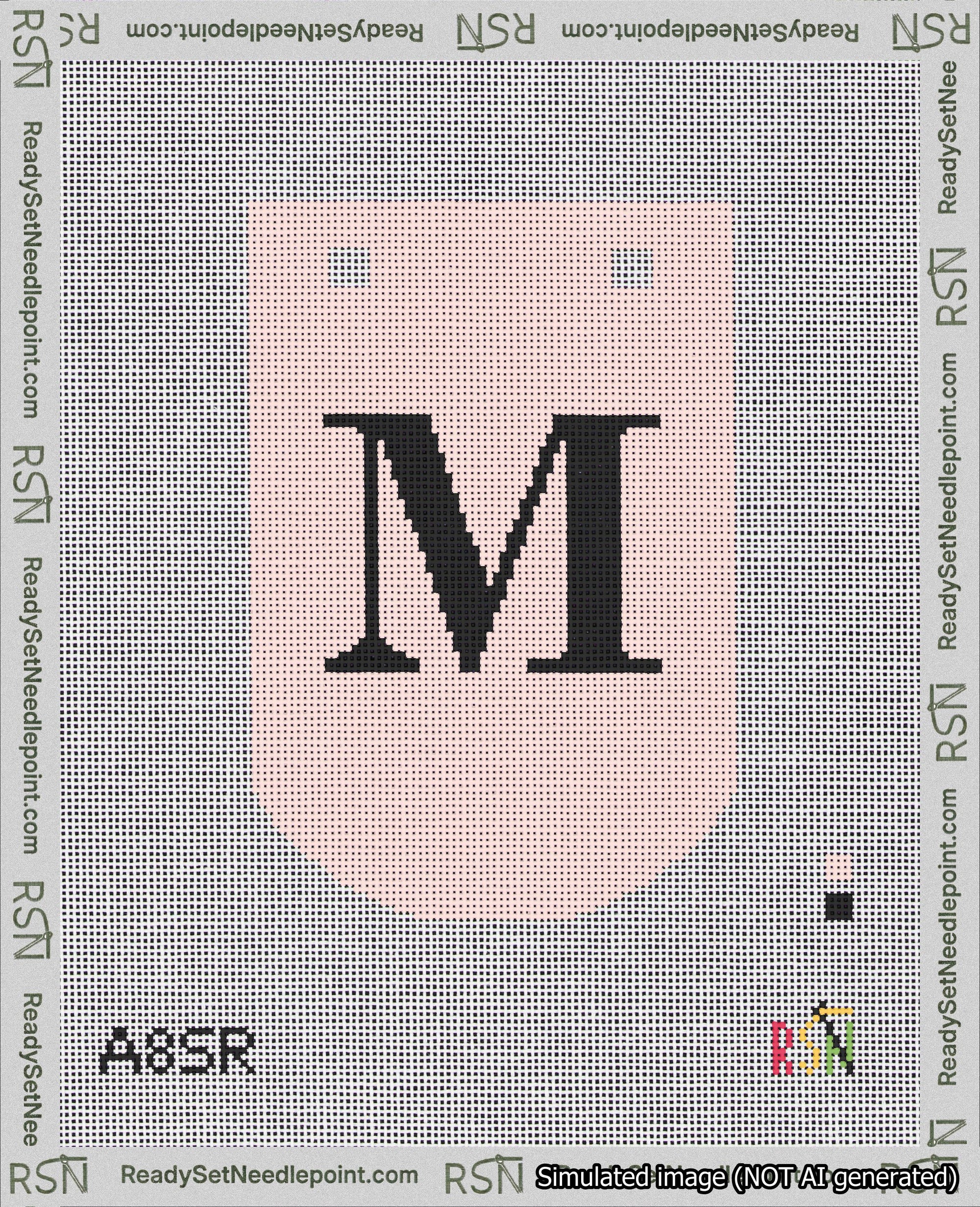 A taped needlepoint canvas with the design: Banner 18 mesh count Curved M Black on Pink.