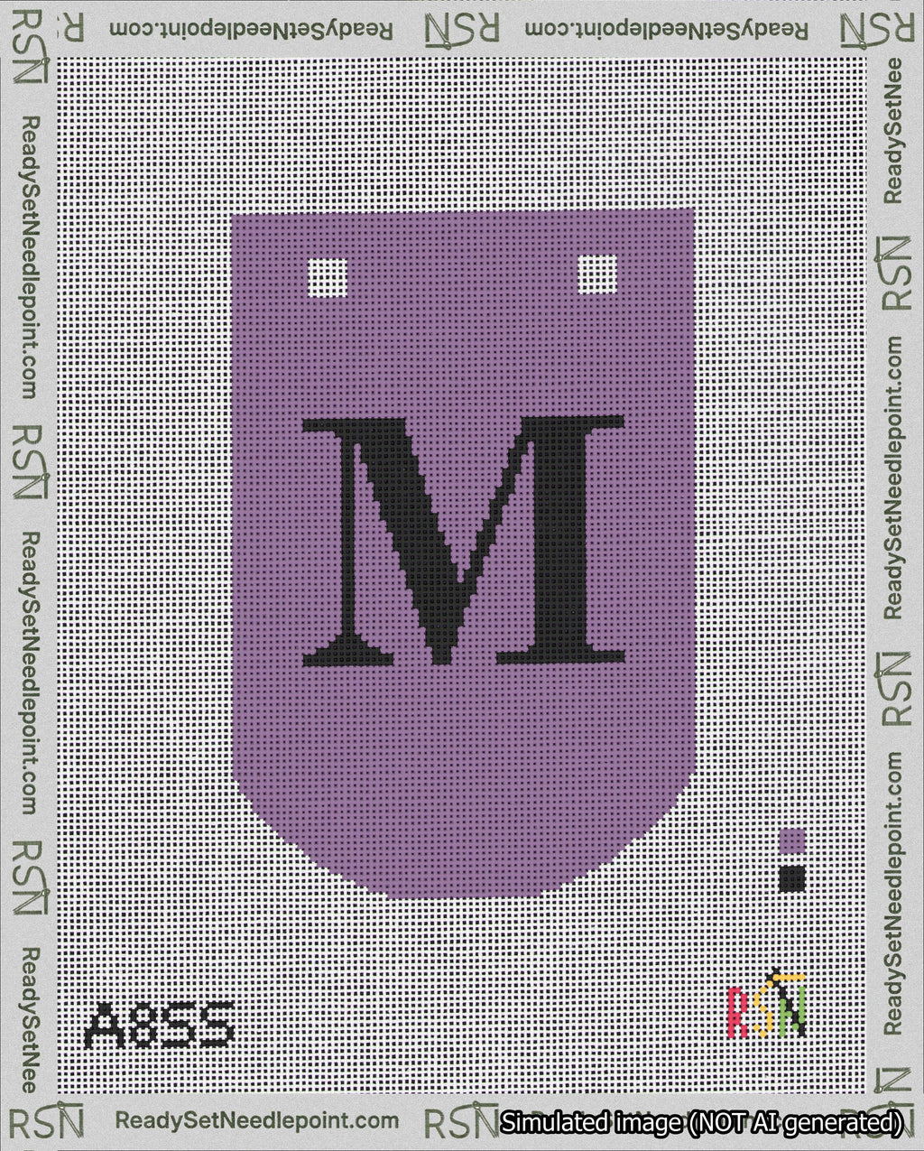 A taped needlepoint canvas with the design: Banner 18 mesh count Curved M Black on Purple.