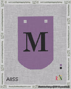 A taped needlepoint canvas with the design: Banner 18 mesh count Curved M Black on Purple.