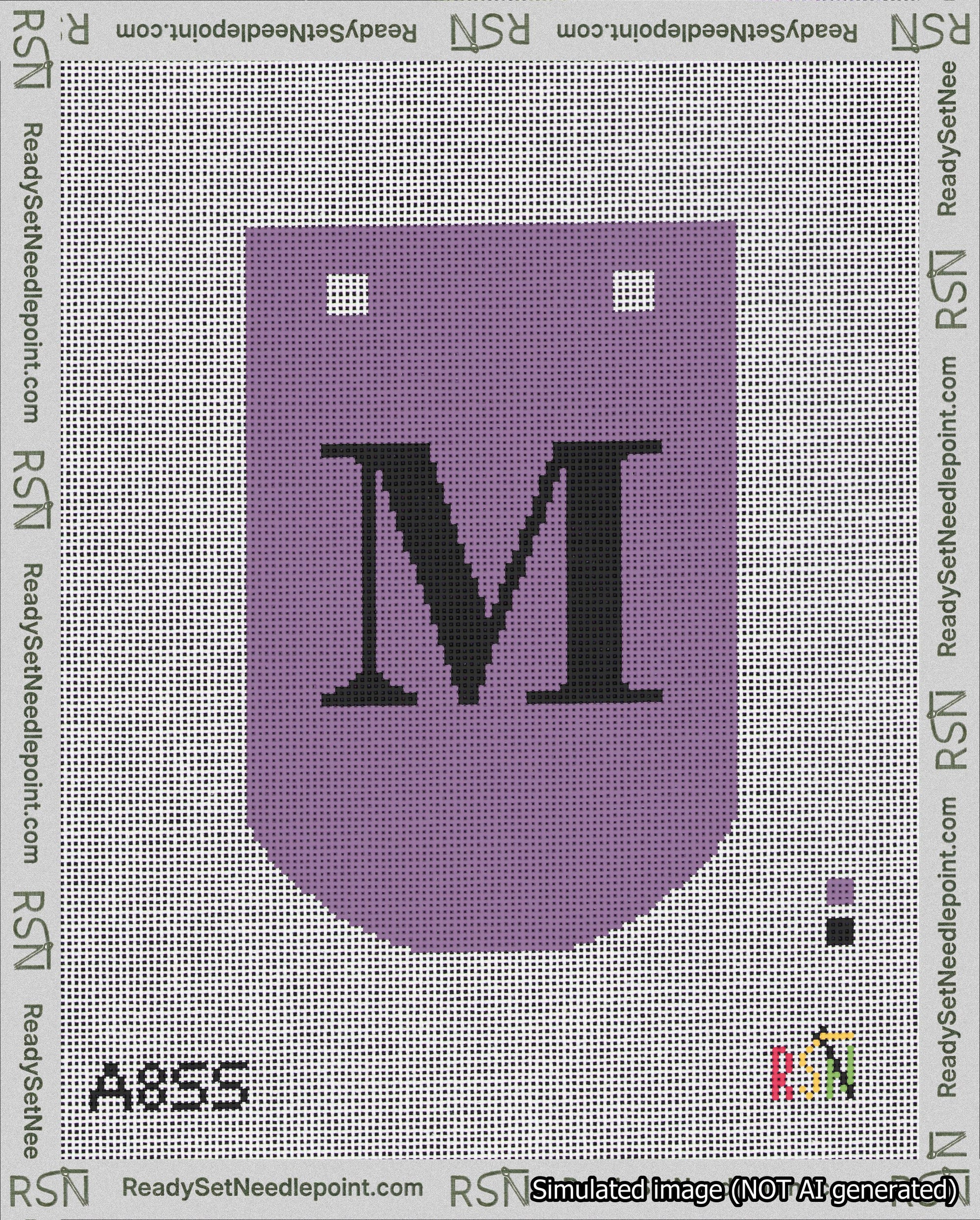 A taped needlepoint canvas with the design: Banner 18 mesh count Curved M Black on Purple.