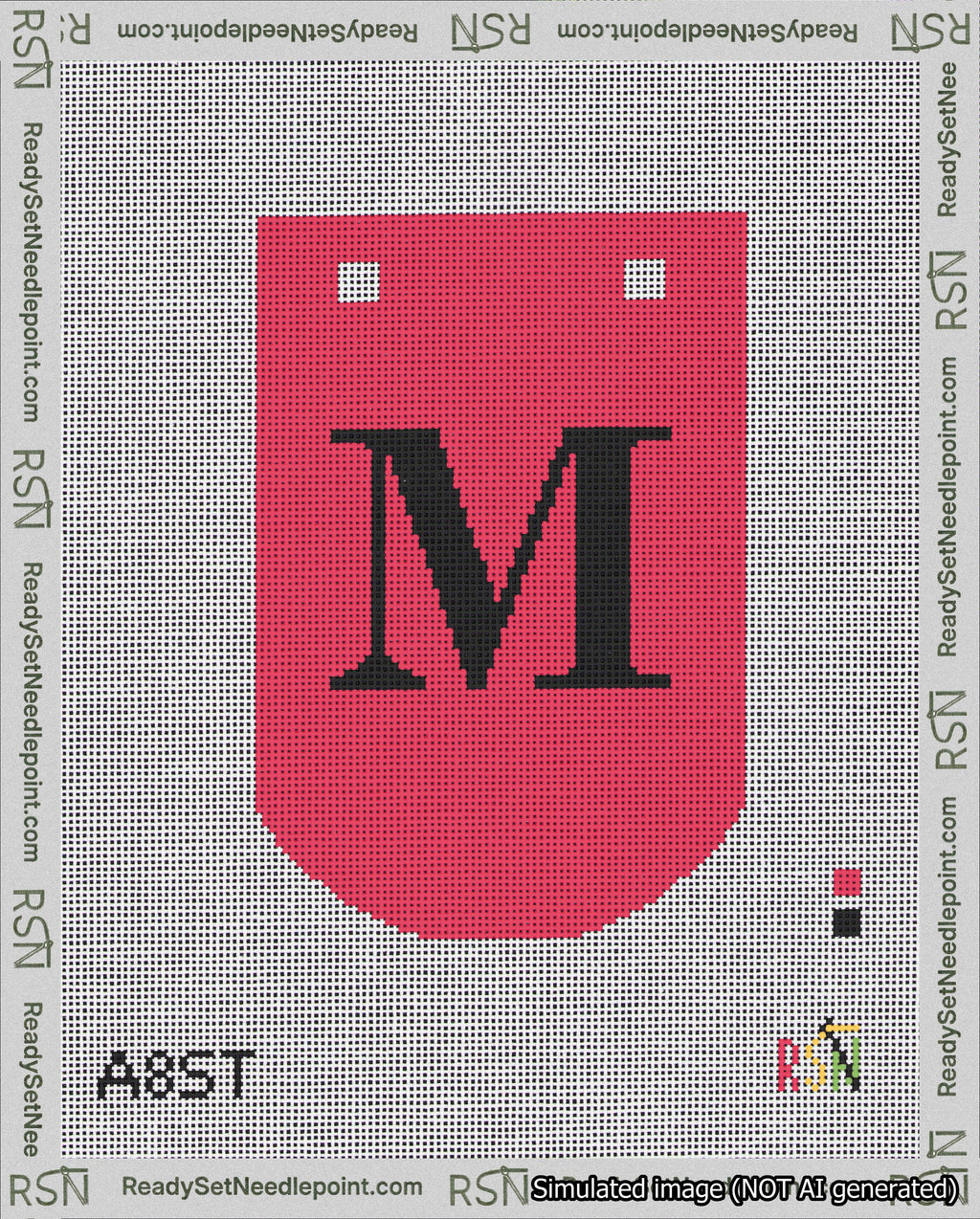 A taped needlepoint canvas with the design: Banner 18 mesh count Curved M Black on Red.