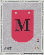 A taped needlepoint canvas with the design: Banner 18 mesh count Curved M Black on Red.