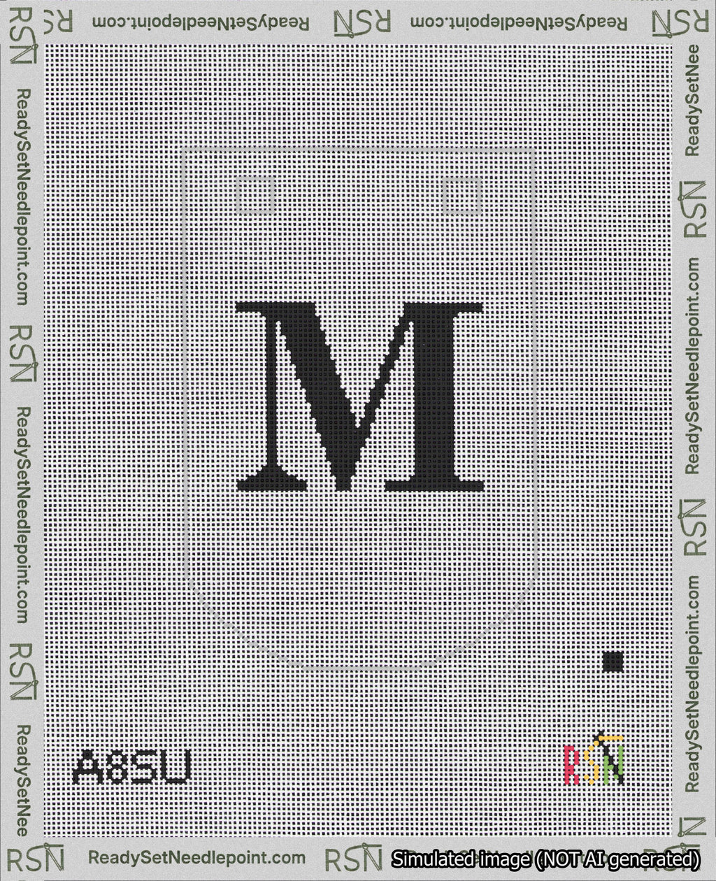 A taped needlepoint canvas with the design: Banner 18 mesh count Curved M Black on White.