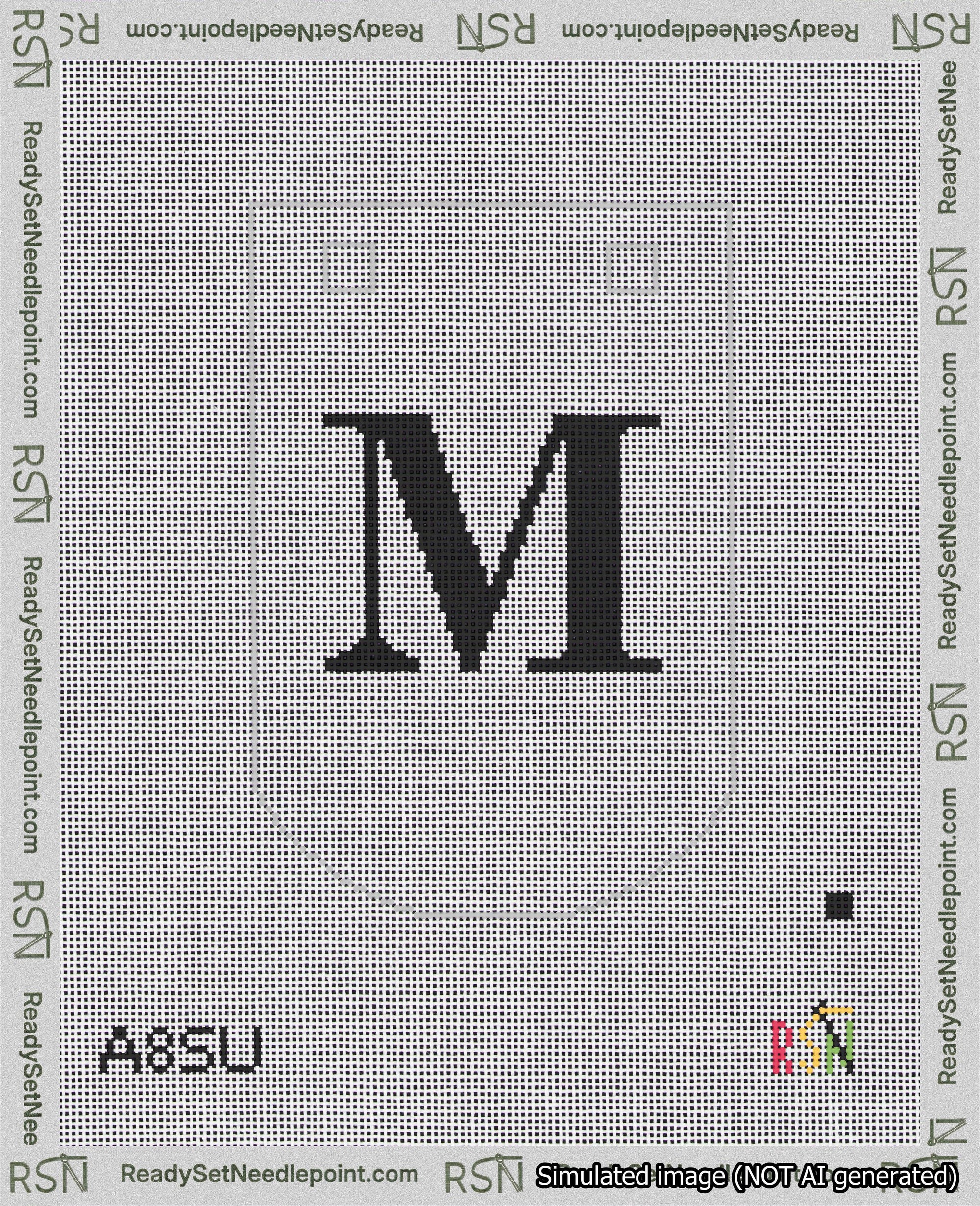 A taped needlepoint canvas with the design: Banner 18 mesh count Curved M Black on White.