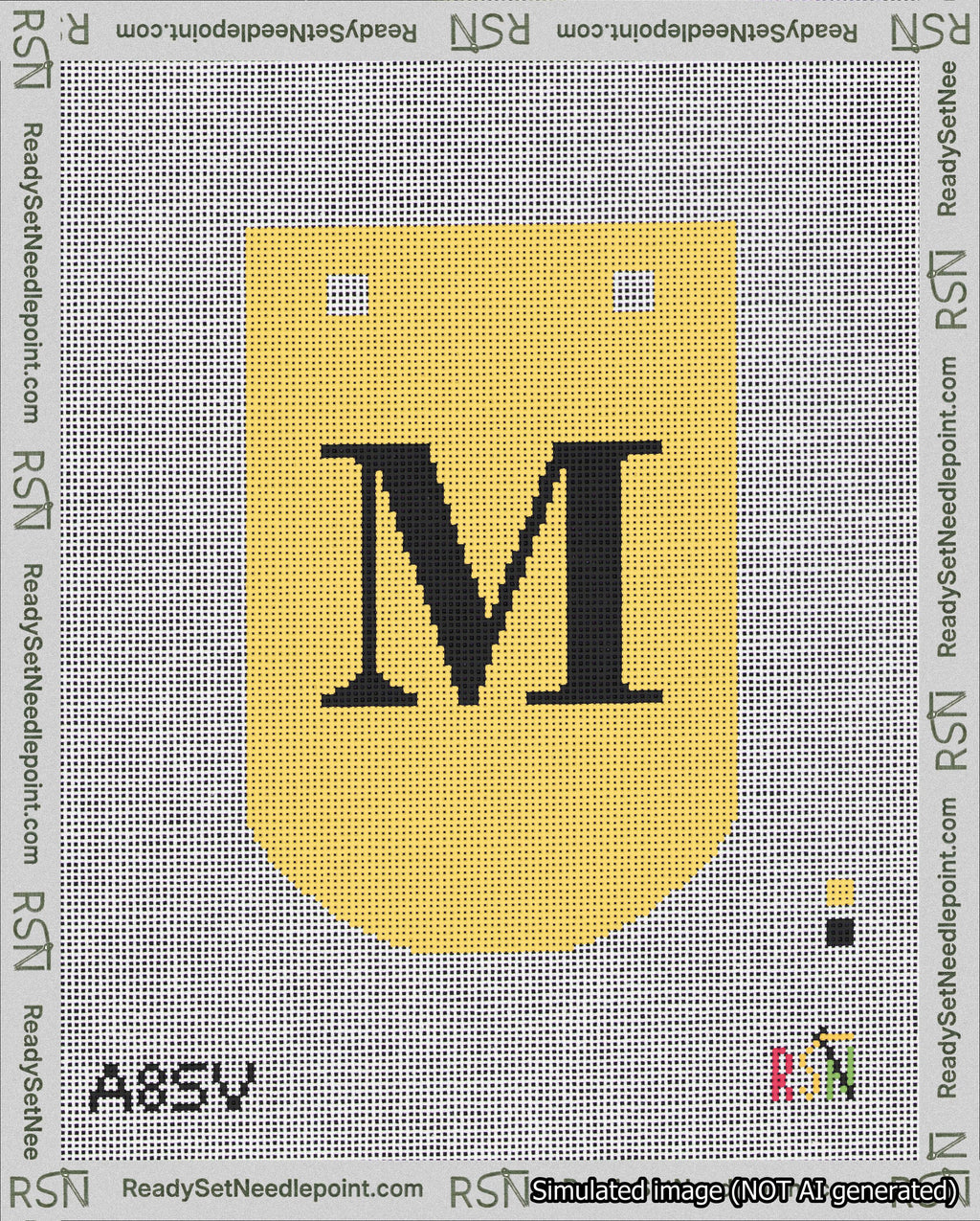 A taped needlepoint canvas with the design: Banner 18 mesh count Curved M Black on Yellow.