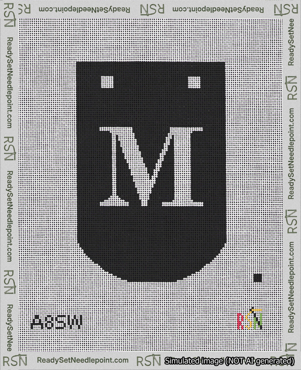 A taped needlepoint canvas with the design: Banner 18 mesh count Curved M White on Black.