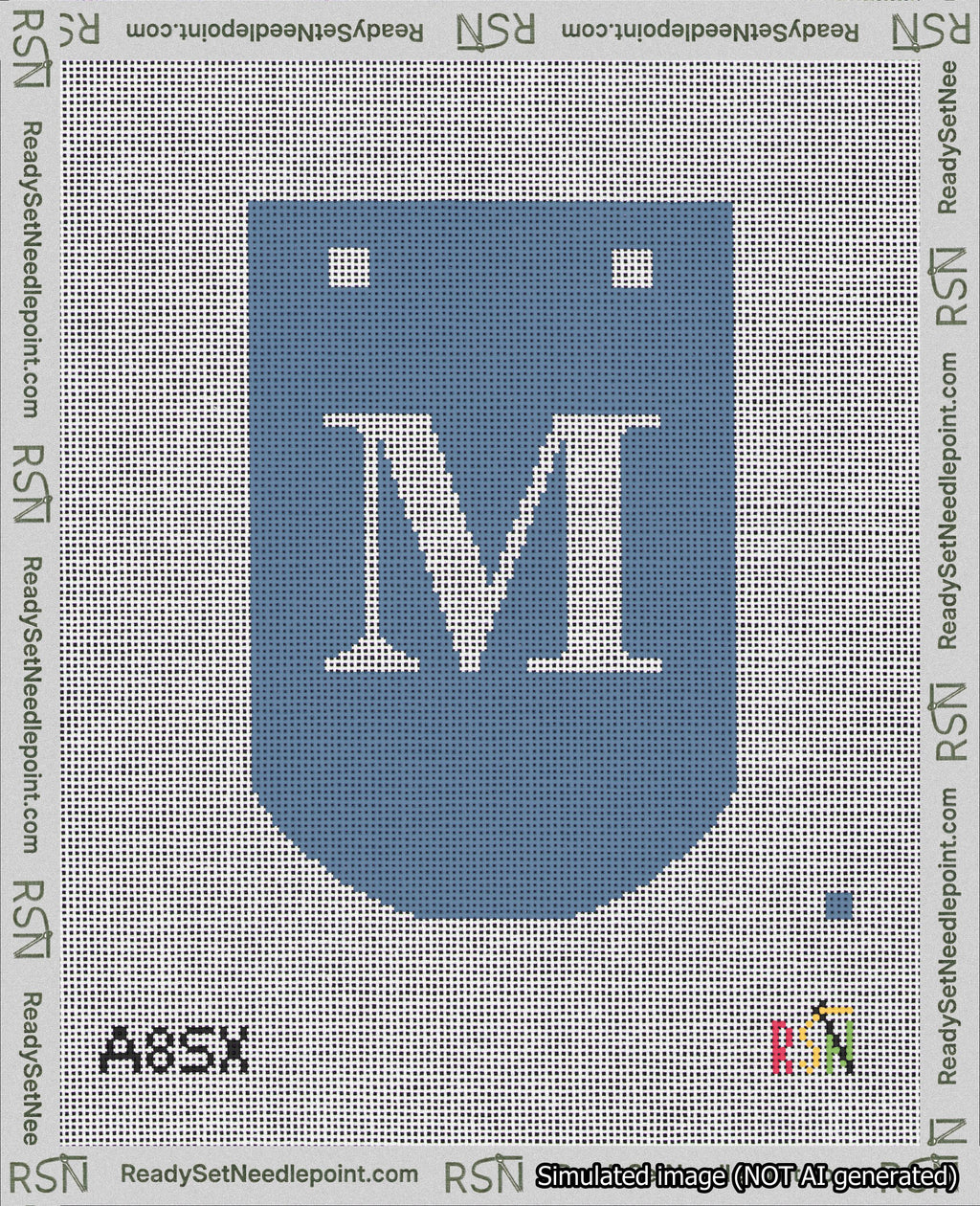 A taped needlepoint canvas with the design: Banner 18 mesh count Curved M White on Blue.