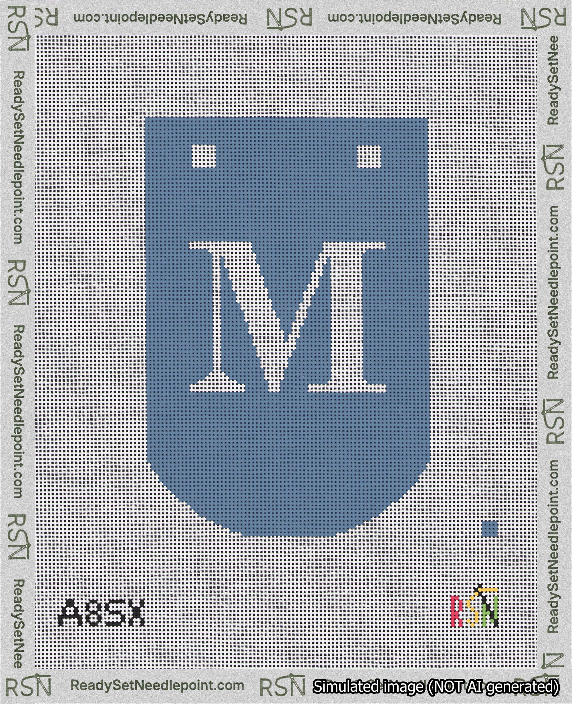 A taped needlepoint canvas with the design: Banner 18 mesh count Curved M White on Blue.