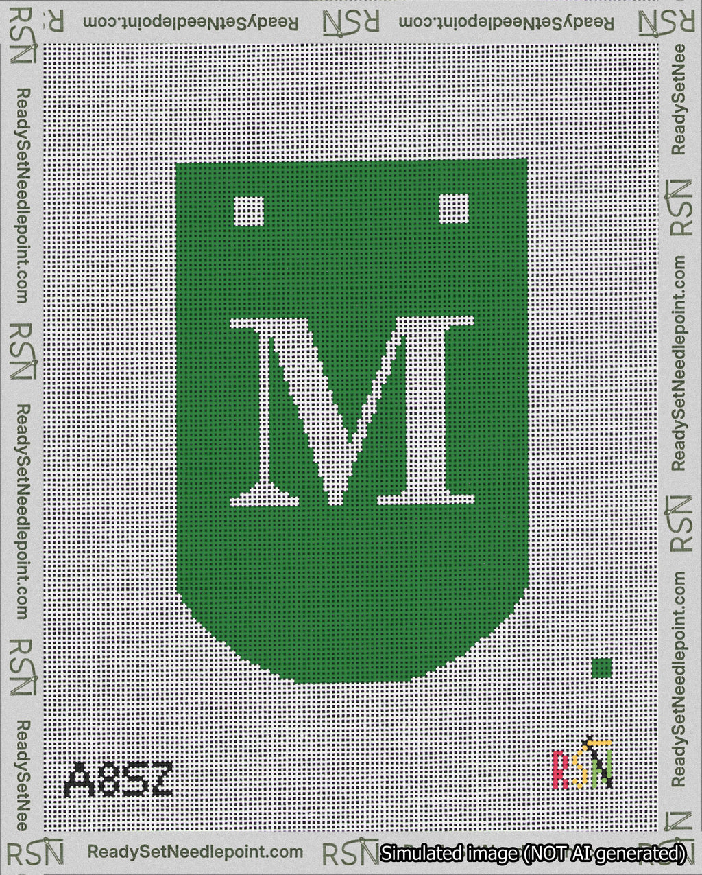 A taped needlepoint canvas with the design: Banner 18 mesh count Curved M White on Green.
