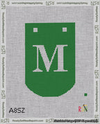 A taped needlepoint canvas with the design: Banner 18 mesh count Curved M White on Green.