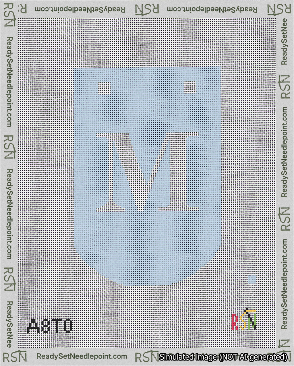 A taped needlepoint canvas with the design: Banner 18 mesh count Curved M White on Light Blue.