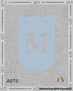A taped needlepoint canvas with the design: Banner 18 mesh count Curved M White on Light Blue.