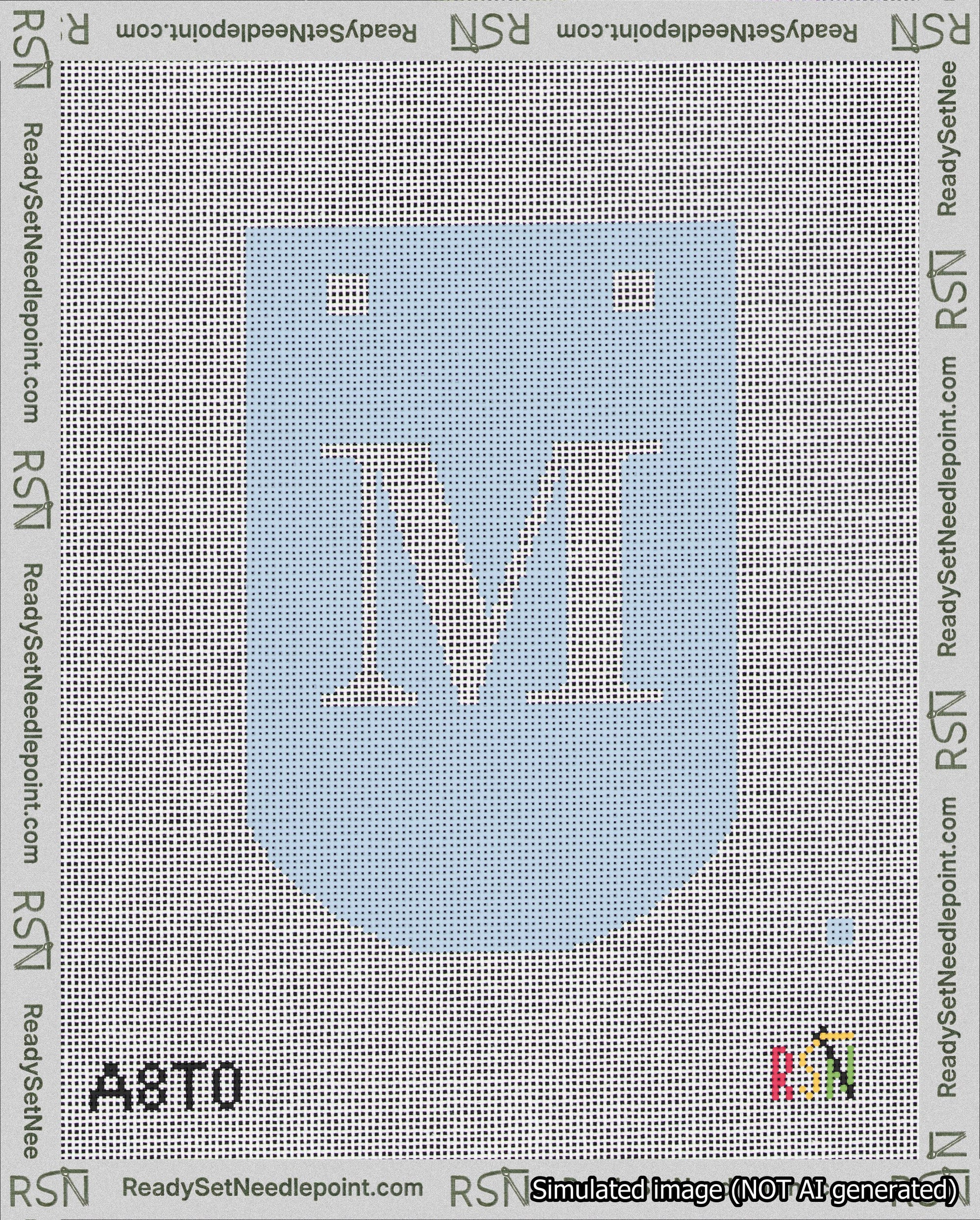 A taped needlepoint canvas with the design: Banner 18 mesh count Curved M White on Light Blue.