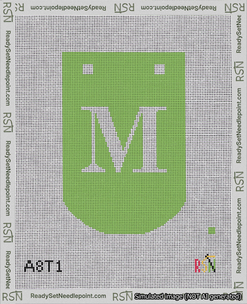 A taped needlepoint canvas with the design: Banner 18 mesh count Curved M White on Light Green.