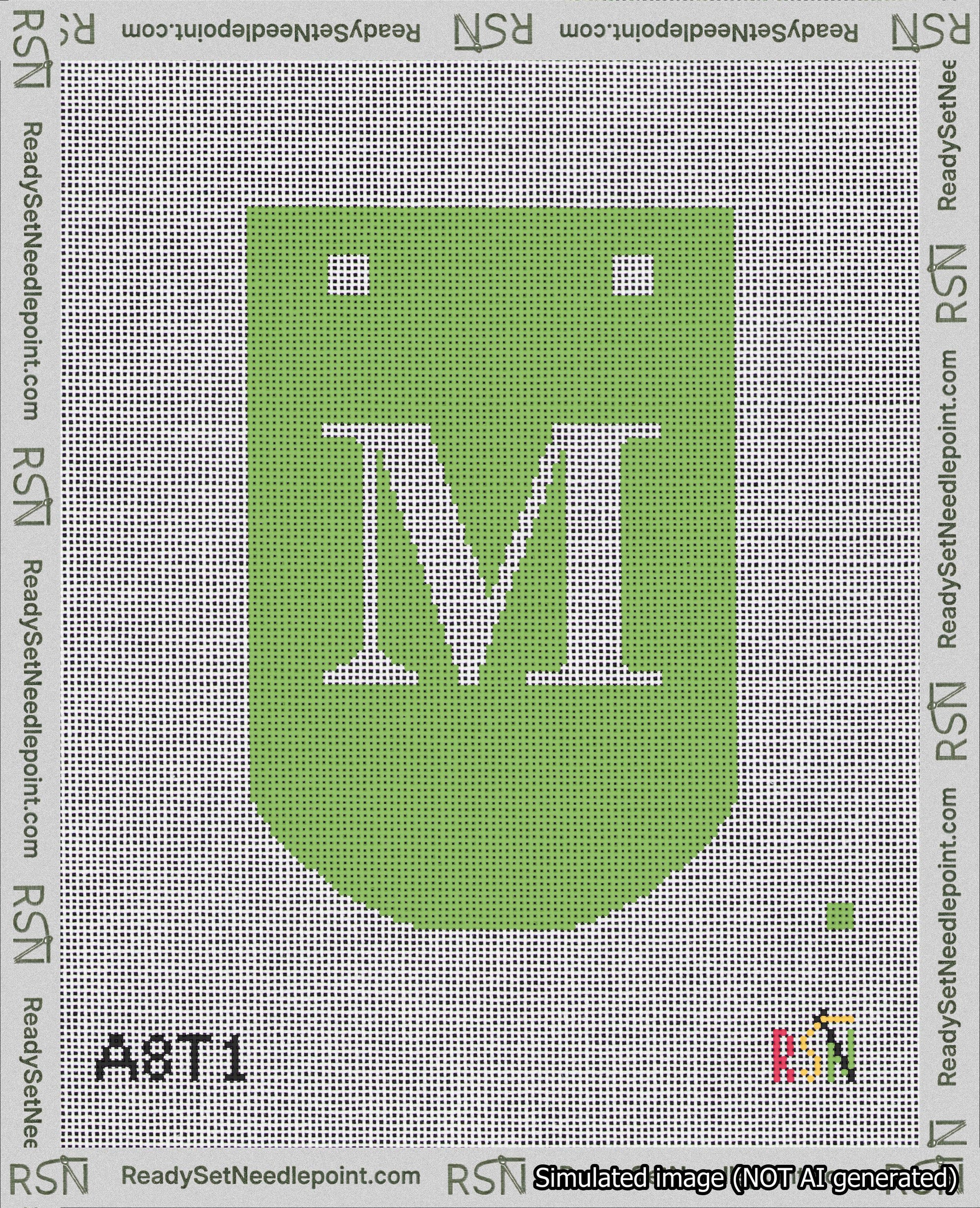 A taped needlepoint canvas with the design: Banner 18 mesh count Curved M White on Light Green.
