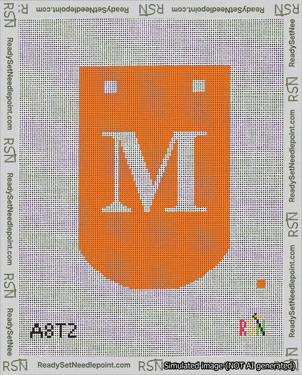 A taped needlepoint canvas with the design: Banner 18 mesh count Curved M White on Orange.