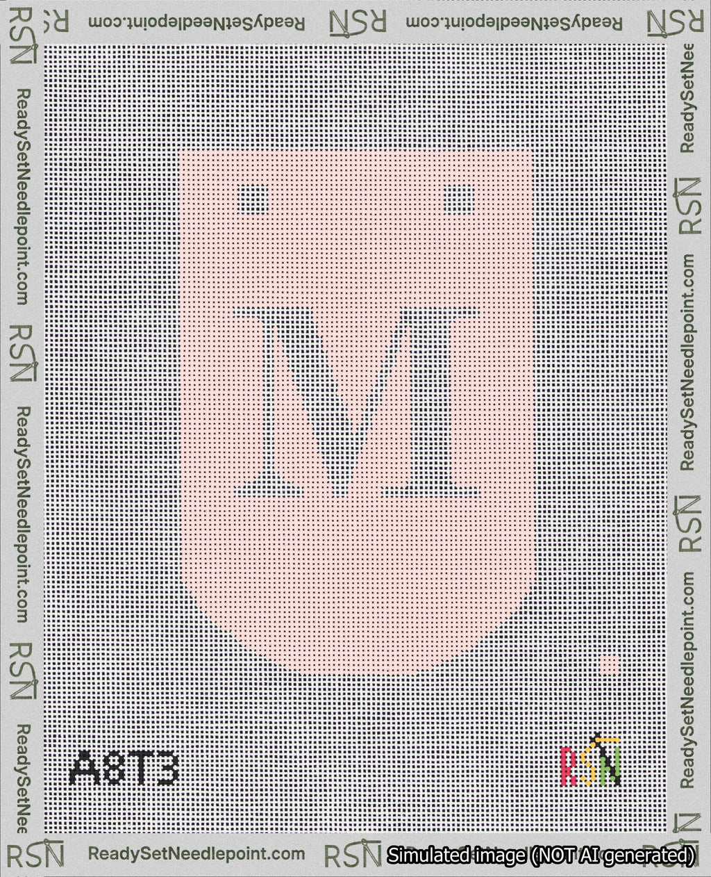 A taped needlepoint canvas with the design: Banner 18 mesh count Curved M White on Pink.