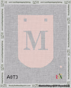 A taped needlepoint canvas with the design: Banner 18 mesh count Curved M White on Pink.