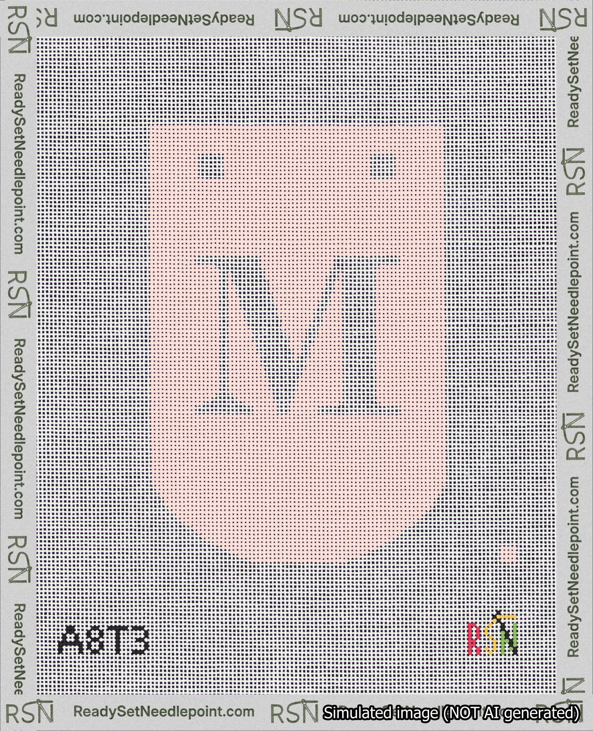 A taped needlepoint canvas with the design: Banner 18 mesh count Curved M White on Pink.