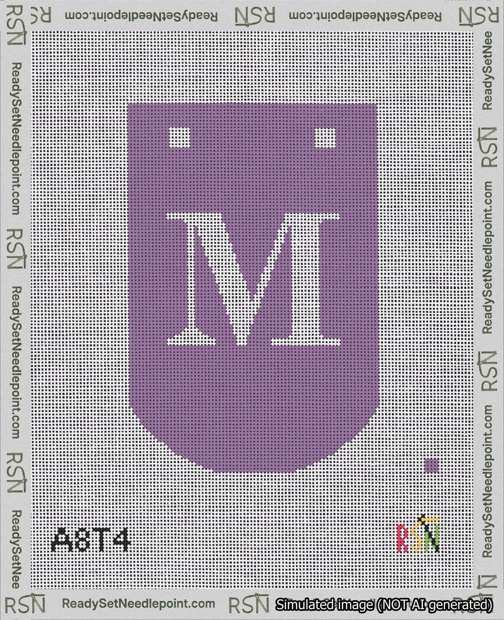 A taped needlepoint canvas with the design: Banner 18 mesh count Curved M White on Purple.
