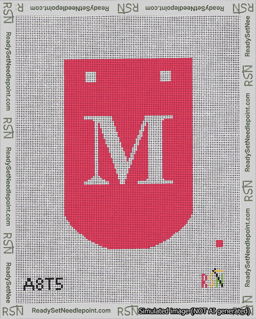 A taped needlepoint canvas with the design: Banner 18 mesh count Curved M White on Red.