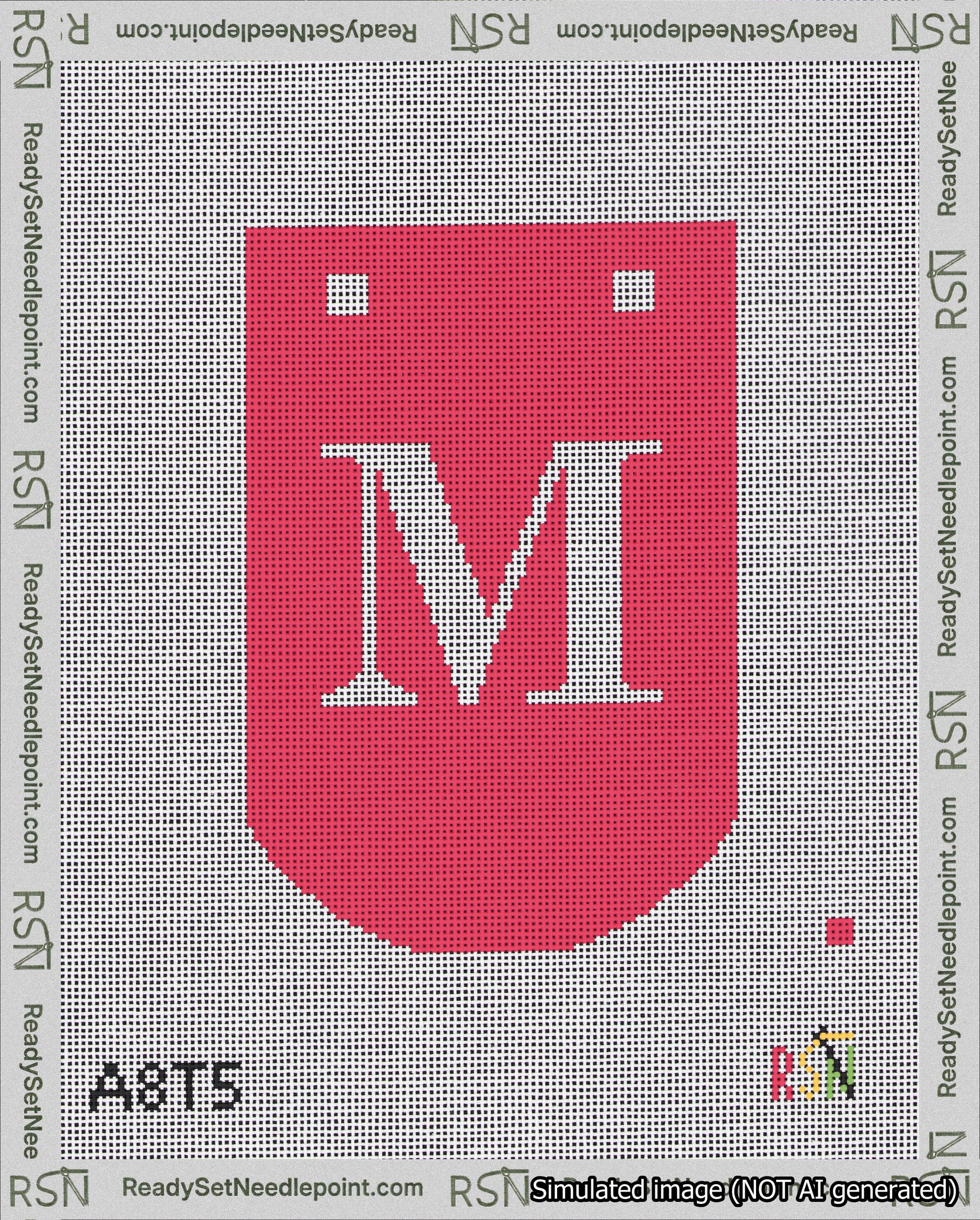 A taped needlepoint canvas with the design: Banner 18 mesh count Curved M White on Red.