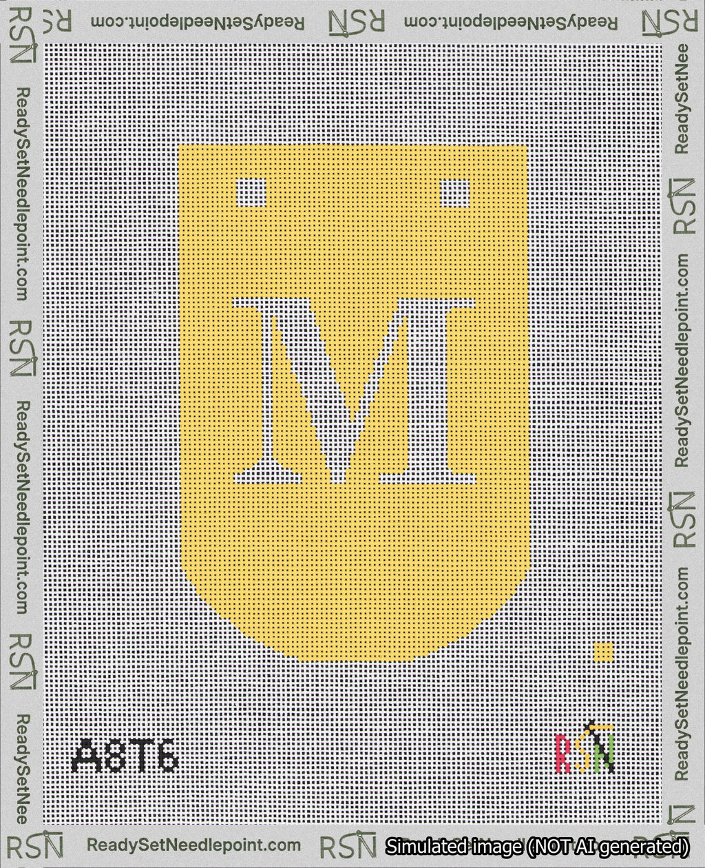 A taped needlepoint canvas with the design: Banner 18 mesh count Curved M White on Yellow.