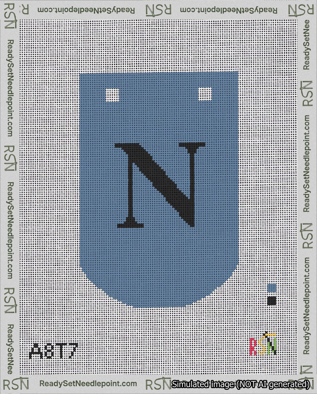 A taped needlepoint canvas with the design: Banner 18 mesh count Curved N Black on Blue.