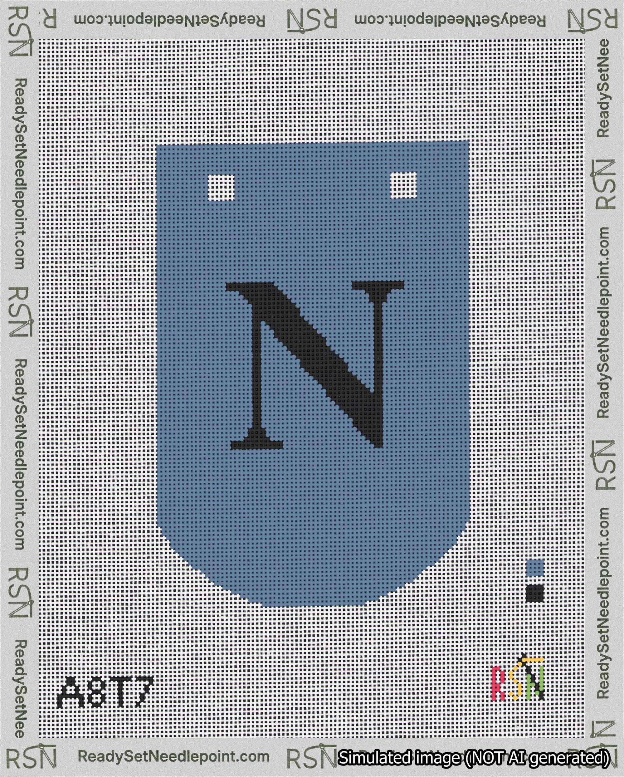A taped needlepoint canvas with the design: Banner 18 mesh count Curved N Black on Blue.