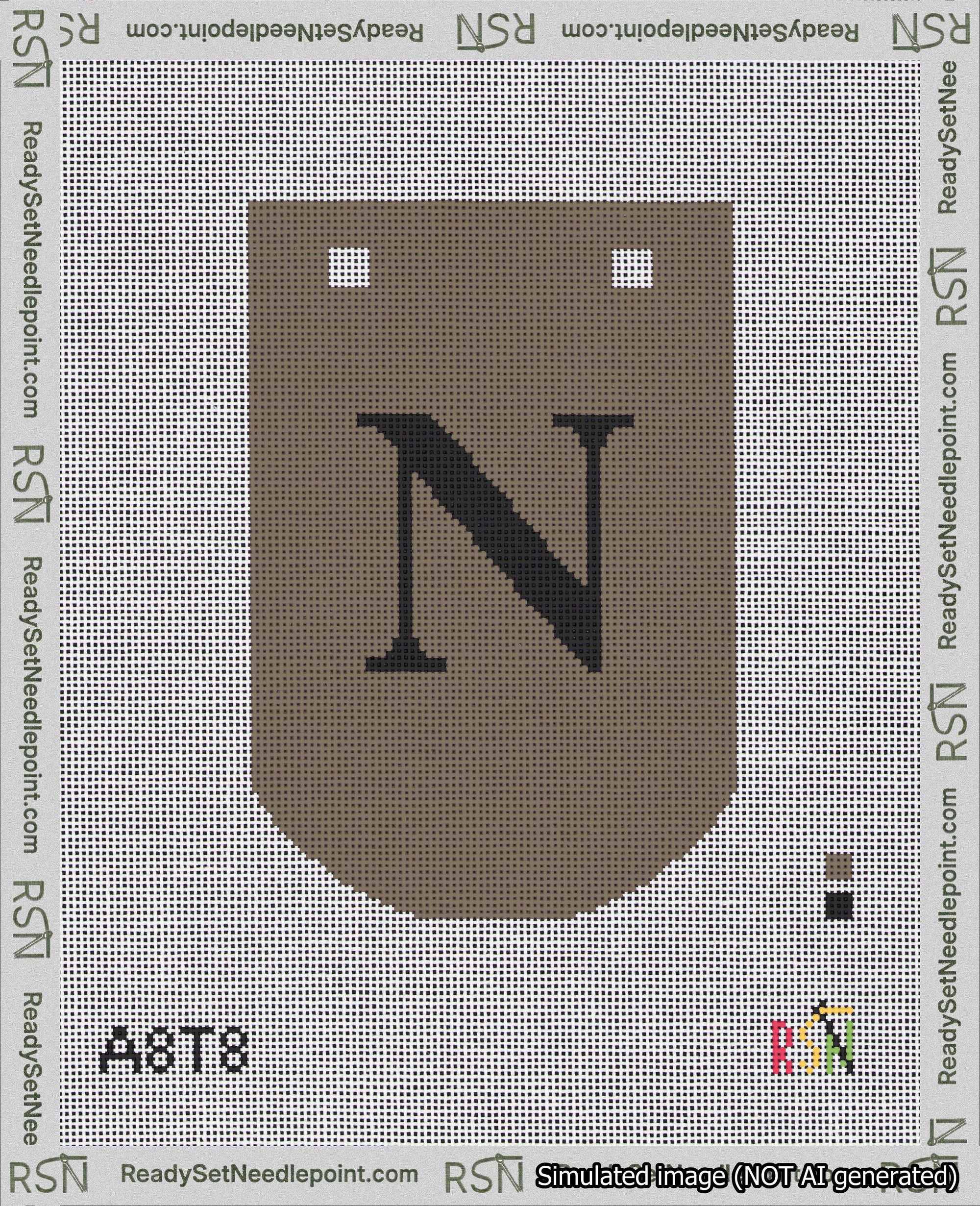 A taped needlepoint canvas with the design: Banner 18 mesh count Curved N Black on Brown.