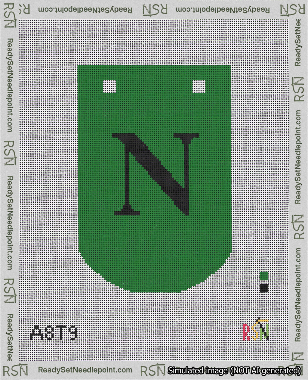 A taped needlepoint canvas with the design: Banner 18 mesh count Curved N Black on Green.