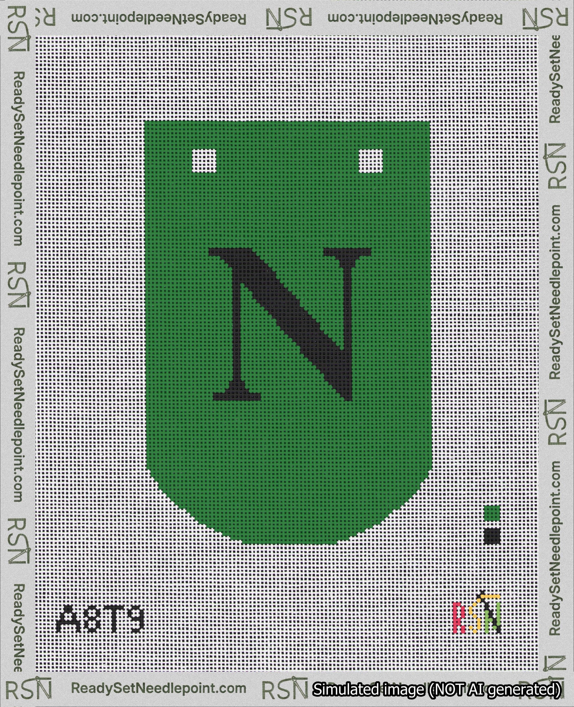 A taped needlepoint canvas with the design: Banner 18 mesh count Curved N Black on Green.