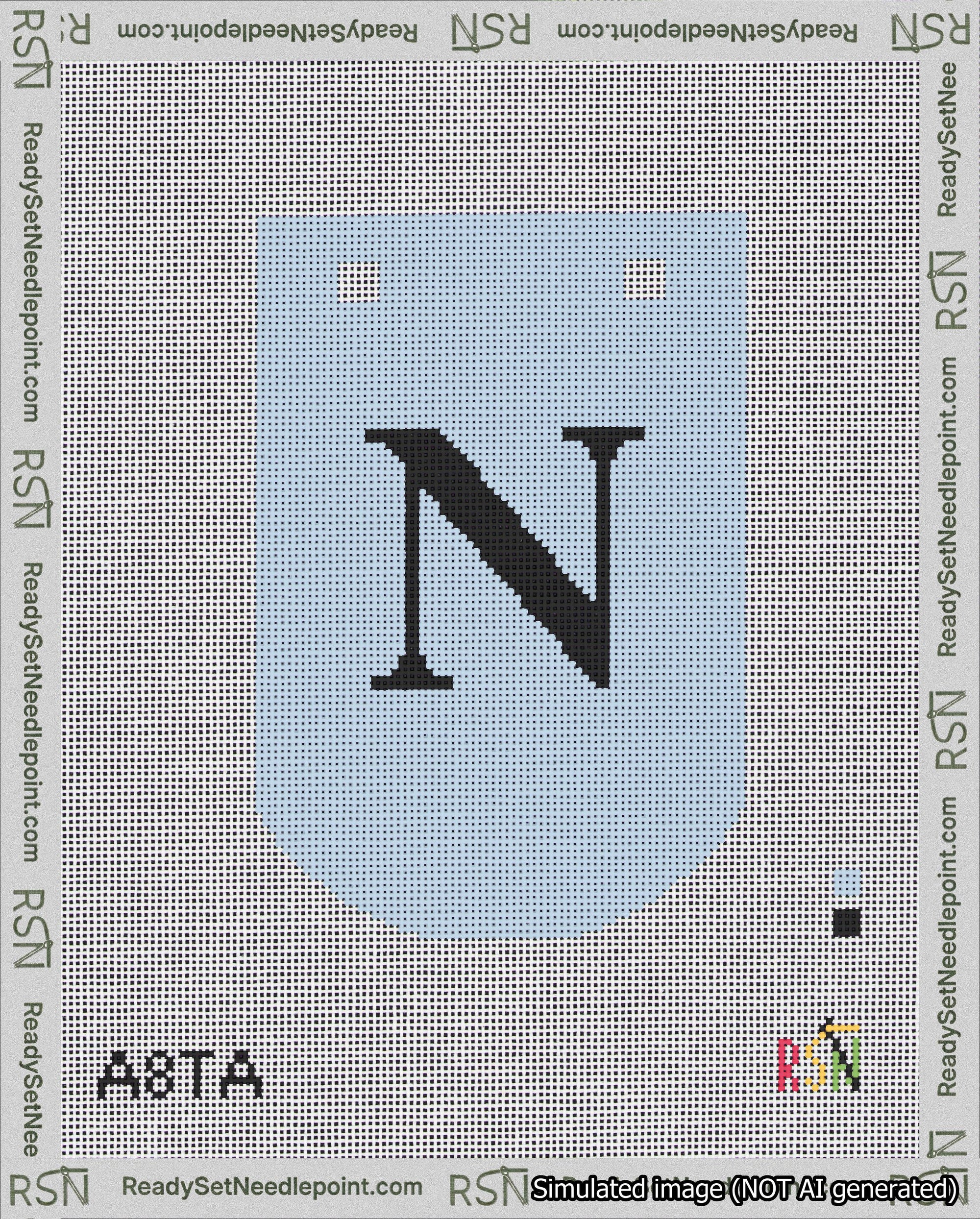 A taped needlepoint canvas with the design: Banner 18 mesh count Curved N Black on Light Blue.