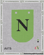 A taped needlepoint canvas with the design: Banner 18 mesh count Curved N Black on Light Green.